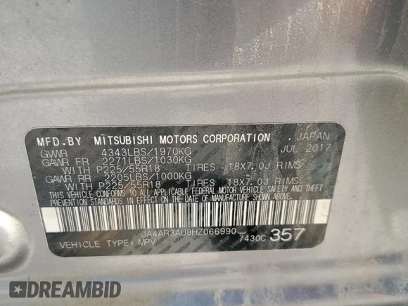 2017 Mitsubishi Outlander ES with VIN JA4AR3AU8HZ066990, listed as a Copart auction lot 65142025 with 108,770 mi miles and Salvage title. Bid and sale history available at DreamBid. Image 14.
