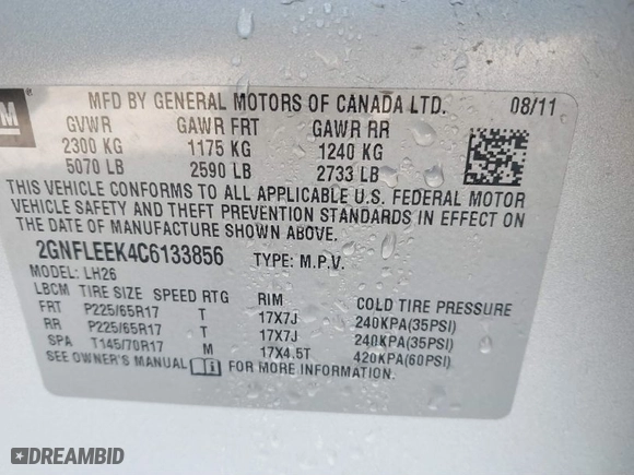 2012 Chevrolet Equinox LT w/1LT with VIN 2GNFLEEK4C6133856, listed as a IAAI auction lot 41754054 with 124,529 mi miles. Bid and sale history available at carsss.com. Image 9.