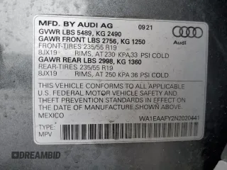 2022 Audi Q5 S line Premium Plus with VIN WA1EAAFY2N2020441, listed as a Copart auction lot 55841995 with 40,316 mi miles and Salvage title. Bid and sale history available at DreamBid. Image 13.