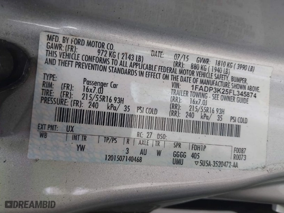 2015 Ford Focus SE with VIN 1FADP3K25FL345874, listed as a IAAI auction lot 41972589 with 155,001 mi miles. Bid and sale history available at carsss.com. Image 9.