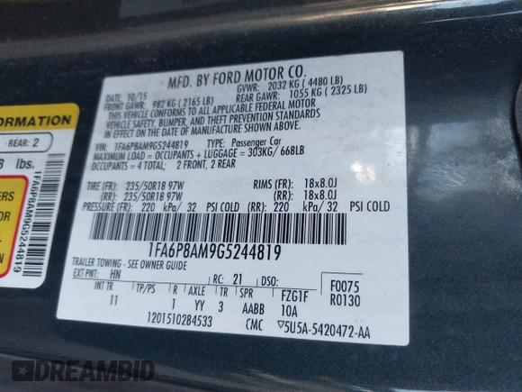 2016 Ford Mustang V6 with VIN 1FA6P8AM9G5244819, listed as a IAAI auction lot 41808227 with 115,683 mi miles and . Bid and sale history available at carsss.com. Image 9.
