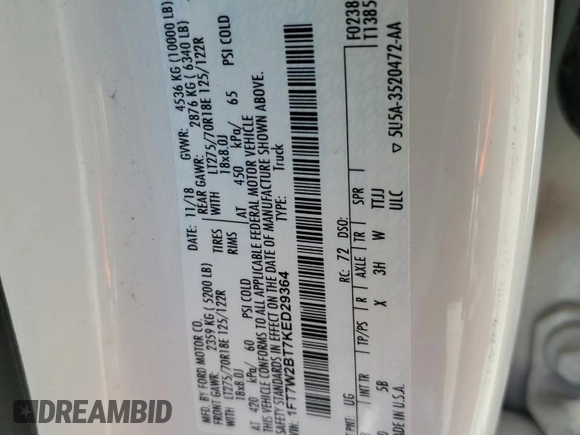 2019 Ford F-250 XL with VIN 1FT7W2BT7KED29364, listed as a Copart auction lot 64793685 with 70,387 mi miles and Salvage title. Bid and sale history available at DreamBid. Image 12.