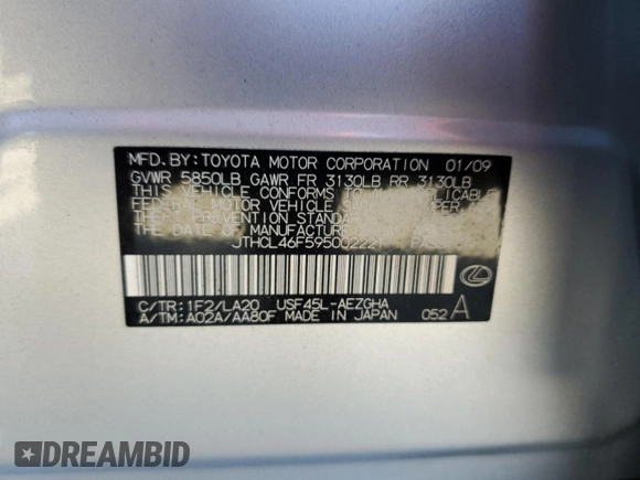2009 Lexus LS 460 z VIN JTHCL46F595002221, wystawiony jako Copart lot #60253945 z przebiegiem Nie podano mil oraz Czysty tytuł • Clean title. Historia ofert i sprzedaży dostępna na DreamBid. Obrazek 13.