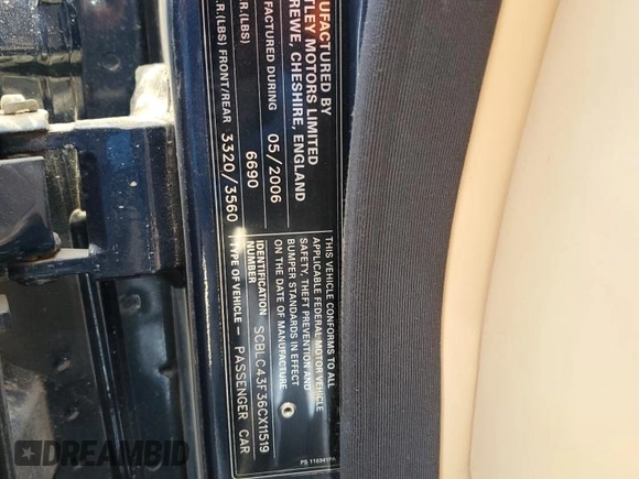 2006 Bentley Arnage with VIN SCBLC43F36CX11519, listed as a Copart auction lot 89020845 with 33,646 mi miles and Salvage Title. Bid and sale history available at DreamBid. Image 12.
