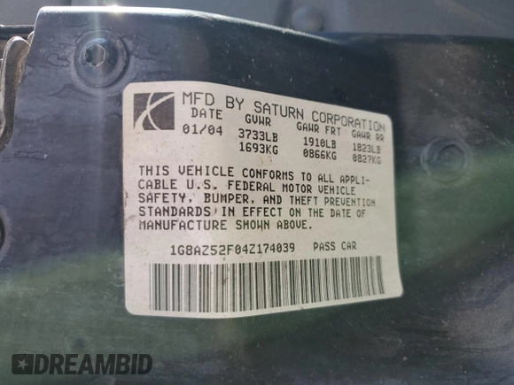 2004 Saturn ION ION 2 z VIN 1G8AZ52F04Z174039, wystawiony jako Copart lot #79568564 z przebiegiem 146 868 mil mil oraz Szkody całkowita. Historia ofert i sprzedaży dostępna na DreamBid. Obrazek 12.