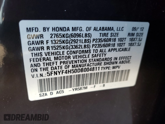 2013 Honda Pilot EX-L with VIN 5FNYF4H50DB004811, listed as a Copart auction lot 77931224 with 148,835 mi miles and Non Repairable. Bid and sale history available at carsss.com. Image 10.