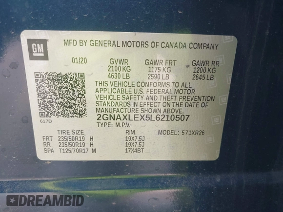 2020 Chevrolet Equinox LT with VIN 2GNAXLEX5L6210507, listed as a IAAI auction lot 41783368 with 113,804 mi miles. Bid and sale history available at carsss.com. Image 9.
