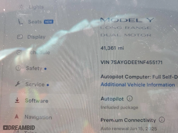 2022 Tesla Model Y Long Range with VIN 7SAYGDEE1NF455171, listed as a Copart auction lot 49429085 with 41,361 mi miles and Salvage Title. Bid and sale history available at carsss.com. Image 9.