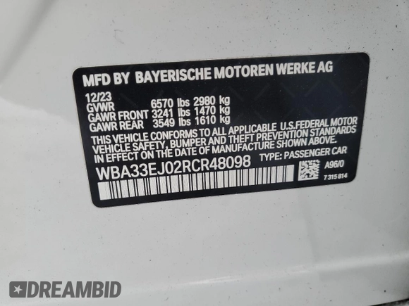 2024 BMW 7 Series 760i xDrive z VIN WBA33EJ02RCR48098, wystawiony jako Copart lot #87464234 z przebiegiem 8 320 mil mil oraz Szkoda całkowita • Salvage title. Historia ofert i sprzedaży dostępna na DreamBid. Obrazek 12.