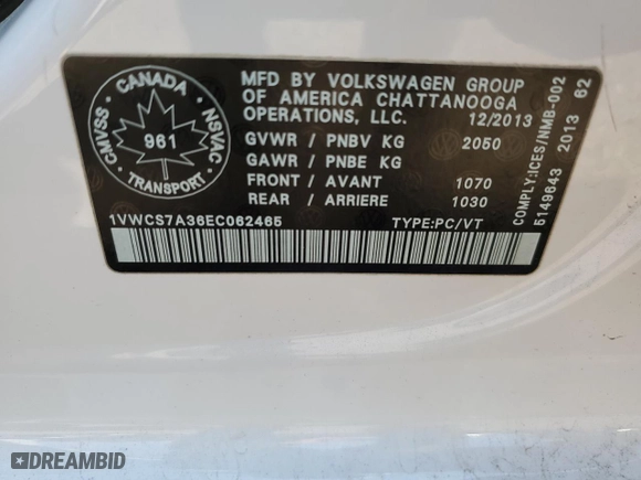 2014 Volkswagen Passat SEL Premium with VIN 1VWCS7A36EC062465, listed as a Copart auction lot 66998344 with 210,744 mi miles and Salvage Title. Bid and sale history available at carsss.com. Image 13.