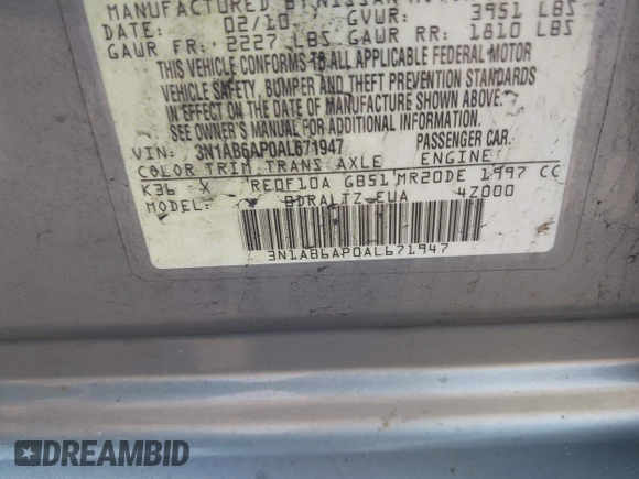 2010 Nissan Sentra SR with VIN 3N1AB6AP0AL671947, listed as a IAAI auction lot 42071223 with 266,764 mi miles and . Bid and sale history available at DreamBid. Image 9.