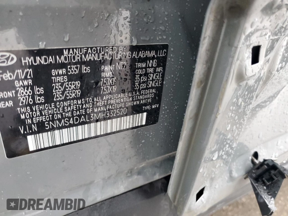 2021 Hyundai Santa Fe Limited with VIN 5NMS4DAL3MH332520, listed as a Copart auction lot 43326735 with 56,548 mi miles and Salvage Title. Bid and sale history available at carsss.com. Image 13.
