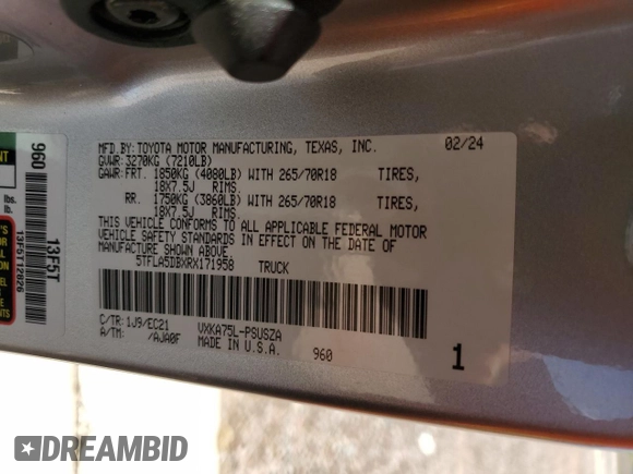 2024 Toyota Tundra SR5 with VIN 5TFLA5DBXRX171958, listed as a Copart auction lot 59407415 with 10,247 mi miles and Salvage title. Bid and sale history available at DreamBid. Image 13.