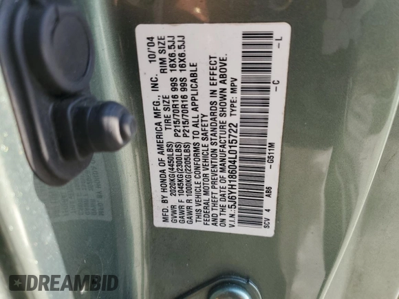 2004 Honda Element EX with VIN 5J6YH18604L015722, listed as a Copart auction lot 47357365 with 263,982 mi miles and Salvage Title. Bid and sale history available at DreamBid. Image 13.