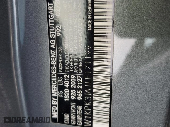 2020 Mercedes-Benz SLC 300 с VIN W1KPK3JA1LF171199, выставлен на аукционе Copart как лот 86151364 с пробегом 20 646 миль миль и Списание • Salvage title. История ставок и продаж доступна на DreamBid. Изображение 12.