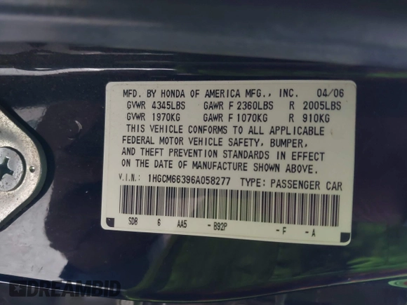 2006 Honda Accord LX с VIN 1HGCM66396A058277, выставлен на аукционе IAAI как лот 42651117 с пробегом 178 621 миль миль и . История ставок и продаж доступна на DreamBid. Изображение 9.