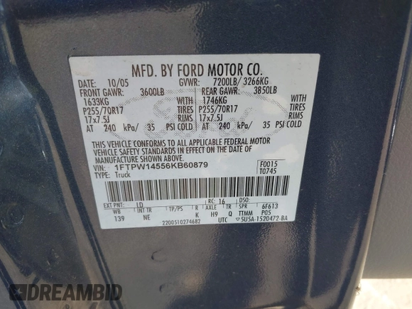 2006 Ford F-150 XLT with VIN 1FTPW14556KB60879, listed as a IAAI auction lot 42154667 with 124,912 mi miles and . Bid and sale history available at carsss.com. Image 9.