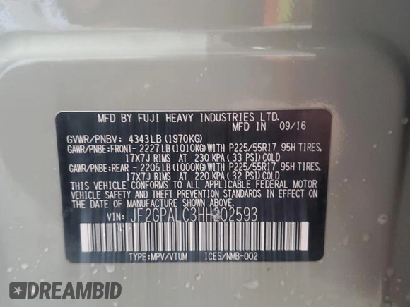 2017 Subaru Crosstrek Limited z VIN JF2GPALC3HH202593, wystawiony jako Copart lot #57405025 z przebiegiem 59 050 mil mil oraz Szkoda całkowita • Salvage title. Historia ofert i sprzedaży dostępna na DreamBid. Obrazek 14.