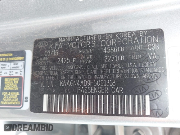 2015 Kia Optima EX with VIN KNAGN4AD9F5091318, listed as a IAAI auction lot 42181251 with 126,234 mi miles and . Bid and sale history available at DreamBid. Image 9.