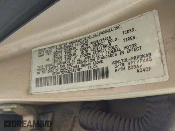 2002 Toyota Tacoma with VIN 5TEHN72NX2Z885767, listed as a IAAI auction lot 42643995 with 308,492 mi miles and . Bid and sale history available at DreamBid. Image 9.