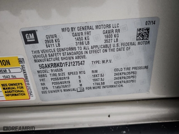 2015 Buick Enclave Leather with VIN 5GAKRBKD1FJ127547, listed as a Copart auction lot 44721295 with 82,198 mi miles and Salvage Title. Bid and sale history available at carsss.com. Image 13.