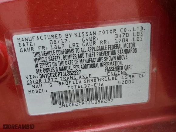 2018 Nissan Versa Note S with VIN 3N1CE2CP7JL352227, listed as a Copart auction lot 51118275 with 74,815 mi miles and Salvage Title. Bid and sale history available at carsss.com. Image 13.