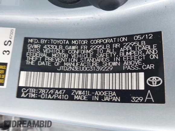2012 Toyota Prius Two with VIN JTDZN3EU0C3139229, listed as a IAAI auction lot 41782586 with 141,216 mi miles and . Bid and sale history available at DreamBid. Image 9.
