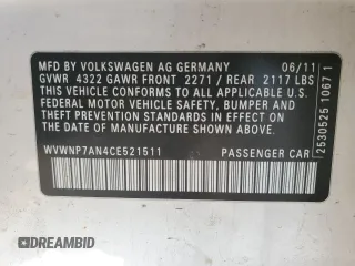 2012 Volkswagen CC Sport PZEV with VIN WVWNP7AN4CE521511, listed as a Copart auction lot 46546405 with 154,756 mi miles and Clean Title. Bid and sale history available at carsss.com. Image 12.