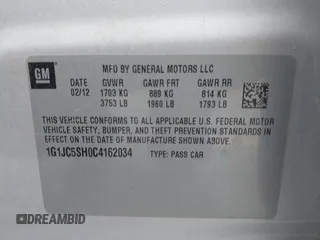 2012 Chevrolet Sonic LT with VIN 1G1JC5SH0C4162034, listed as a IAAI auction lot 41967195 with 87,086 mi miles and . Bid and sale history available at DreamBid. Image 9.
