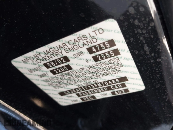 2003 Jaguar S-Type with VIN SAJEA01T13FM70486, listed as a IAAI auction lot 41989501 with 100,109 mi miles and . Bid and sale history available at DreamBid. Image 9.