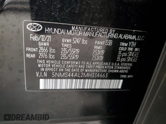 2021 Hyundai Santa Fe Limited with VIN 5NMS44AL2MH334663, listed as a Copart auction lot 68536612 with 14,770 mi miles. Bid and sale history available at carsss.com. Image 15.