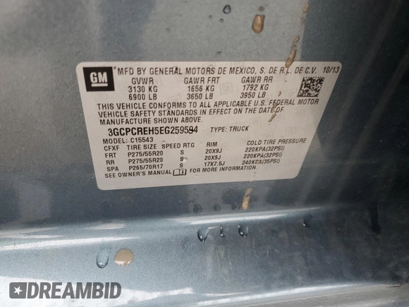 2014 Chevrolet Silverado 1500 LT with VIN 3GCPCREH5EG259594, listed as a Copart auction lot 50912945 with 146,123 mi miles and Salvage Title. Bid and sale history available at DreamBid. Image 12.
