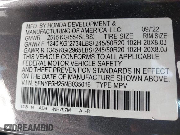 2022 Honda Pilot Special Edition with VIN 5FNYF5H25NB035016, listed as a IAAI auction lot 41248194 with 30,039 mi miles and . Bid and sale history available at DreamBid. Image 9.