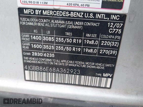 2008 Mercedes-Benz M 350 z VIN 4JGBB86E68A362923, wystawiony jako IAAI lot #42190609 z przebiegiem 131 792 mil mil oraz . Historia ofert i sprzedaży dostępna na DreamBid. Obrazek 9.