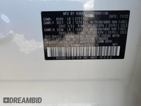2023 Subaru Ascent Limited with VIN 4S4WMAUD1P3403216, listed as a Copart auction lot 51234165 with 21,727 mi miles and Salvage title. Bid and sale history available at DreamBid. Image 13.