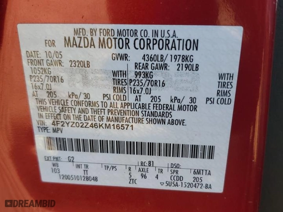 2006 Mazda Tribute i with VIN 4F2YZ02Z46KM16571, listed as a Copart auction lot 80926274 with 245,836 mi miles and Salvage Title. Bid and sale history available at carsss.com. Image 12.