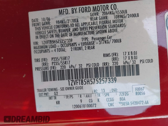 2007 Ford Mustang GT Deluxe with VIN 1ZVFT85H575257339, listed as a IAAI auction lot 41250343 with 134,120 mi miles and . Bid and sale history available at DreamBid. Image 9.