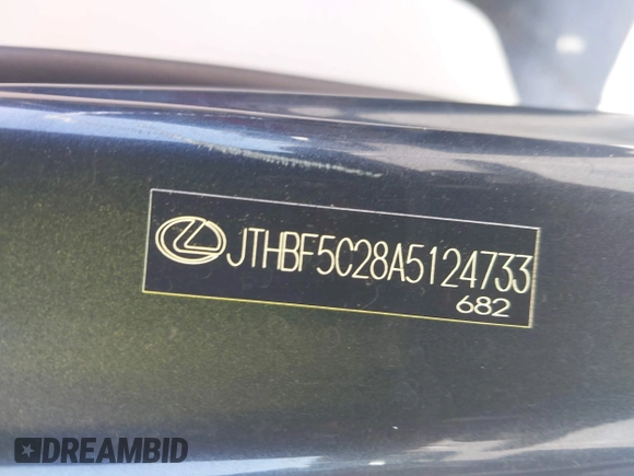 2010 Lexus IS 250 with VIN JTHBF5C28A5124733, listed as a IAAI auction lot 42566012 with 108,017 mi miles and . Bid and sale history available at DreamBid. Image 9.