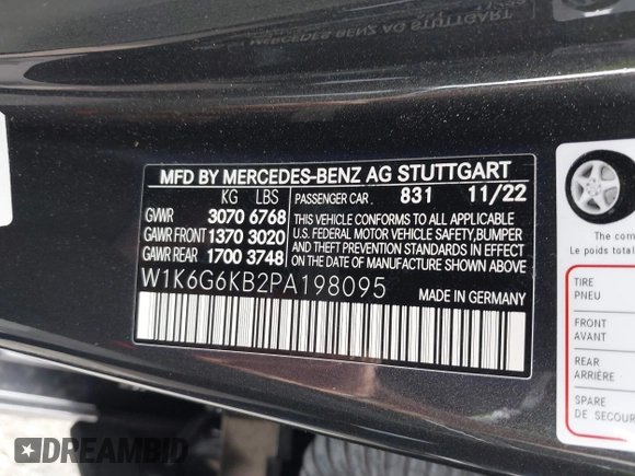 2023 Mercedes-Benz S 580e with VIN W1K6G6KB2PA198095, listed as a IAAI auction lot 41506845 with 29,903 mi miles and . Bid and sale history available at DreamBid. Image 9.