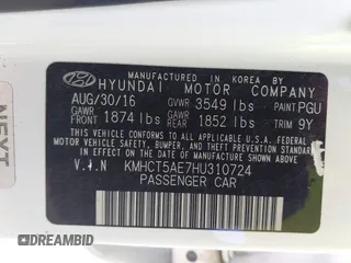 2017 Hyundai Accent SE with VIN KMHCT5AE7HU310724, listed as a IAAI auction lot 42093323 with 134,326 mi miles. Bid and sale history available at carsss.com. Image 9.