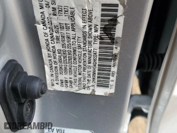 2016 Honda CR-V EX with VIN 2HKRM4H54GH653477, listed as a Copart auction lot 43962685 with 58,300 mi miles and Salvage Title. Bid and sale history available at DreamBid. Image 13.