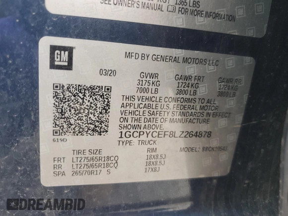 2020 Chevrolet Silverado 1500 Custom Trail Boss with VIN 1GCPYCEF8LZ264878, listed as a Copart auction lot 51793975 with 74,054 mi miles and Salvage Title. Bid and sale history available at DreamBid. Image 12.