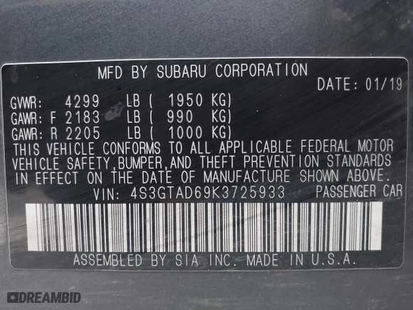 2019 Subaru Impreza Premium with VIN 4S3GTAD69K3725933, listed as a IAAI auction lot 41919500 with 102,556 mi miles. Bid and sale history available at carsss.com. Image 9.