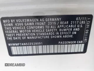 2012 Volkswagen CC R-Line with VIN WVWMP7AN5CE528091, listed as a IAAI auction lot 42074271 with 121,308 mi miles and . Bid and sale history available at DreamBid. Image 9.