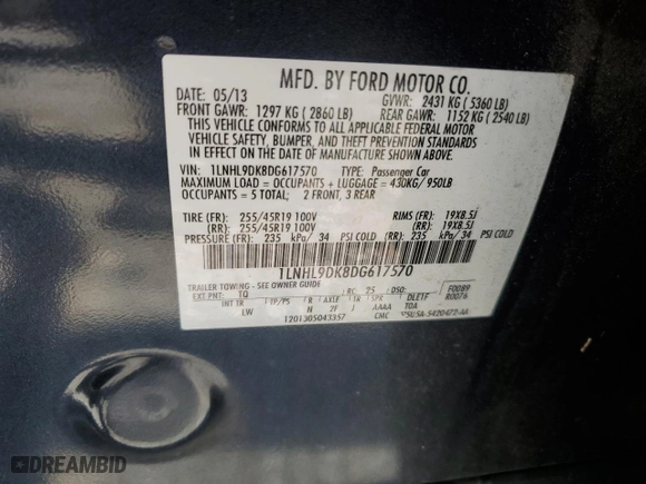 2013 Lincoln MKS with VIN 1LNHL9DK8DG617570, listed as a Copart auction lot 49063985 with 327,205 mi miles and Salvage Title. Bid and sale history available at carsss.com. Image 12.