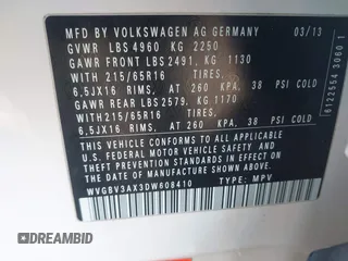 2013 Volkswagen Tiguan SE z VIN WVGBV3AX3DW608410, wystawiony jako IAAI lot #41397876 z przebiegiem 119 867 mil mil oraz . Historia ofert i sprzedaży dostępna na DreamBid. Obrazek 9.