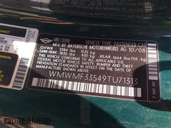 2009 MINI Hardtop z VIN WMWMF33549TU71313, wystawiony jako IAAI lot #42483891 z przebiegiem 122 577 mil mil oraz . Historia ofert i sprzedaży dostępna na DreamBid. Obrazek 9.