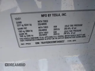 2022 Tesla Model Y Long Range with VIN 7SAYGDEE0NF340822, listed as a IAAI auction lot 41881224 with Not Provided miles and . Bid and sale history available at DreamBid. Image 9.