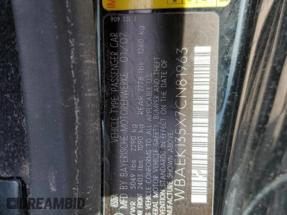2007 BMW 6 Series 650i with VIN WBAEK135X7CN81963, listed as a Copart auction lot 73875324 with 0 mi miles and Salvage Title. Bid and sale history available at carsss.com. Image 13.