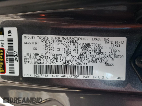 2012 Toyota Tacoma z VIN 5TFUU4EN0CX032895, wystawiony jako Copart lot #55491325 z przebiegiem 73 529 mil mil oraz Szkoda całkowita • Salvage title. Historia ofert i sprzedaży dostępna na DreamBid. Obrazek 12.